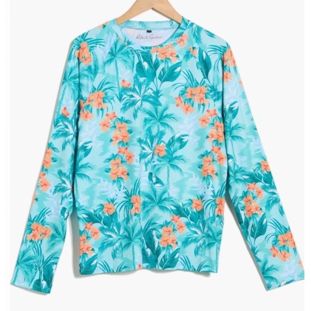 New $78 Robert Graham Rash Guard Shirt Mens Tropical Forest Swim UPF 50+ Large
